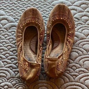 Elegant Gold toned Tan Beaded W 6 Ballet Flats